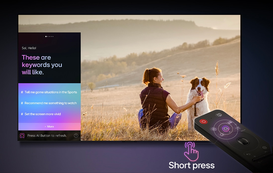 Dálkový ovladač LG AI Magic Remote před obrazovkou LG TV. Na obrazovce je personalizovaný pozdrav od LG AI s vlastními klíčovými slovy založenými na uživatelově historii vyhledávání a sledování. U ovladače se nachází ikona a označení znázorňující, že funkci AI Concierge lze jednoduše aktivovat jedním krátkým stisknutím AI tlačítka. 